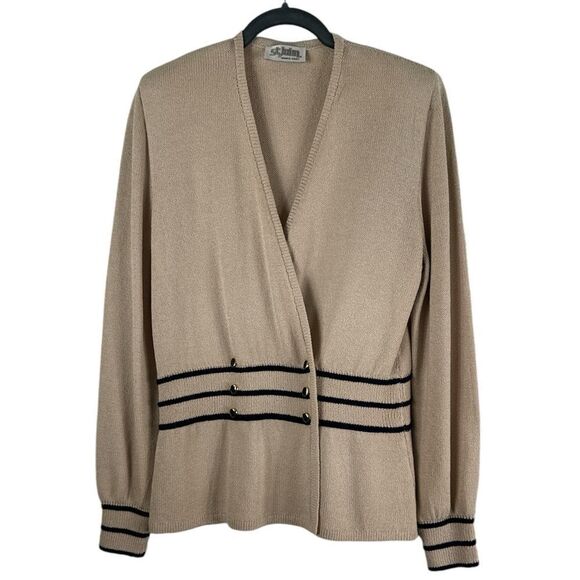 St John by Marie Gray Knit Beige Stripe Cardigan Faux Wrap VTG - Picture 1 of 13